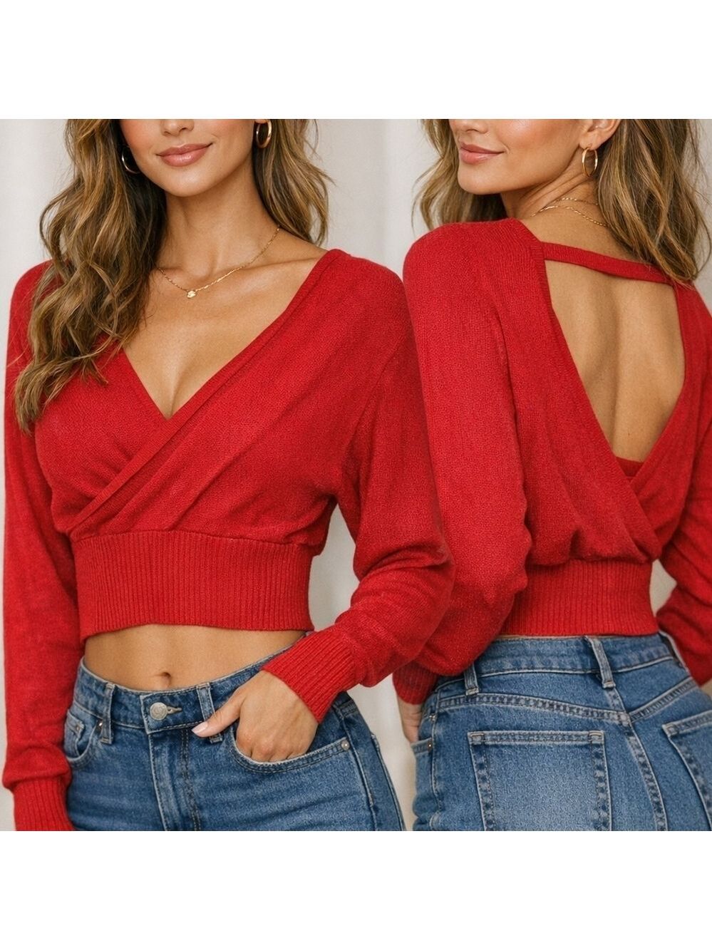 Papermoon Red Wrap Crop Sweater Open Back Long Sleeve Knit Top Medium